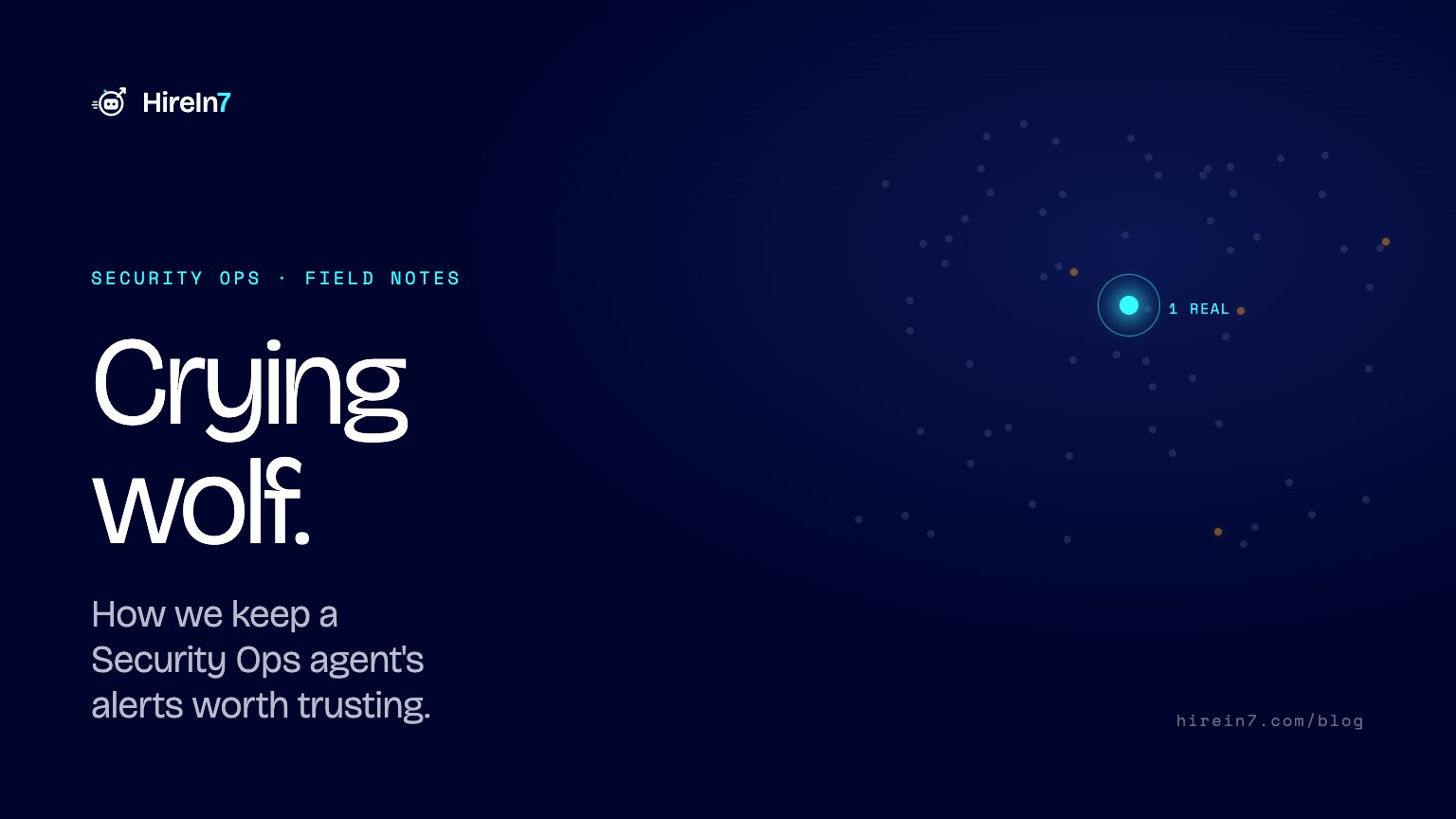 A field of dim false alerts with a single real signal glowing — the Security Ops agent's job is to find the one that matters